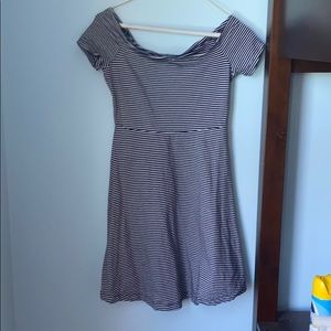 navy and white striped off shoulder dress